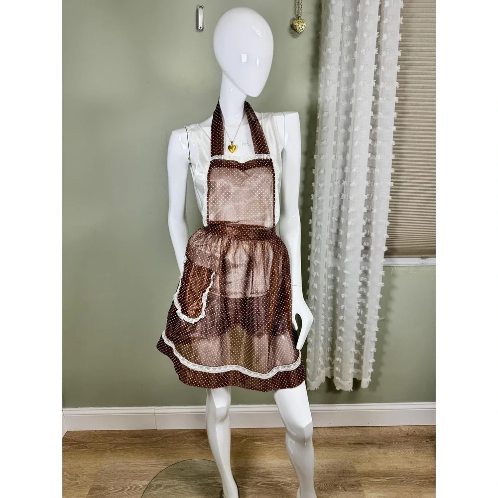 Vintage‎ 1960s 1970s Sheer Polka Dot Hostess Apron Lace Brown Cottage Core